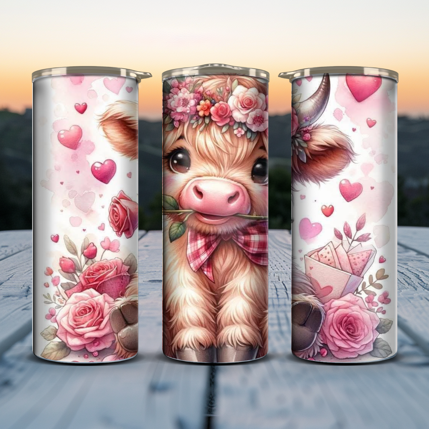 Highland Cow Pink Roses / Hearts