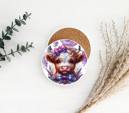 Highland Cow Coaster Purple Bow