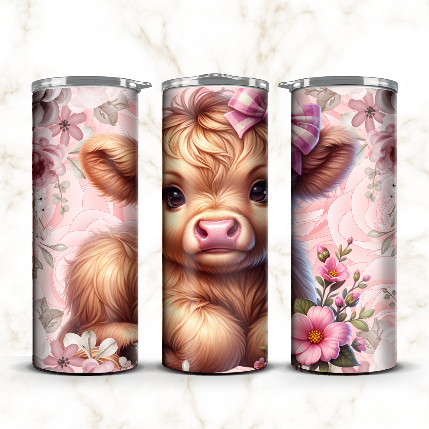 Highland Cow Pink Flowers & Bow