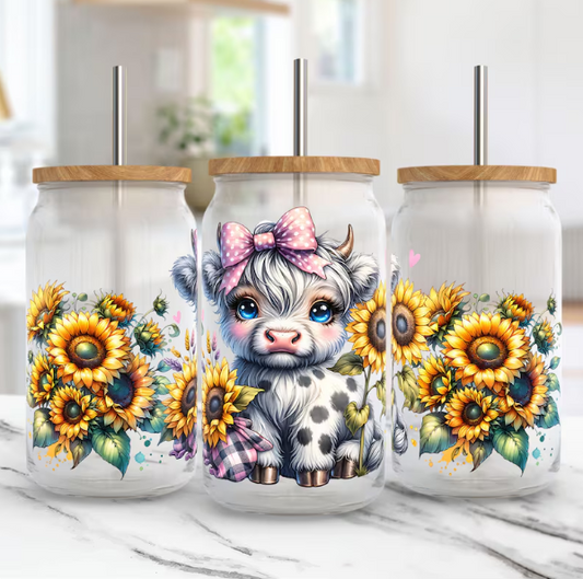 Sunflower Highland Cow Glass Tumbler